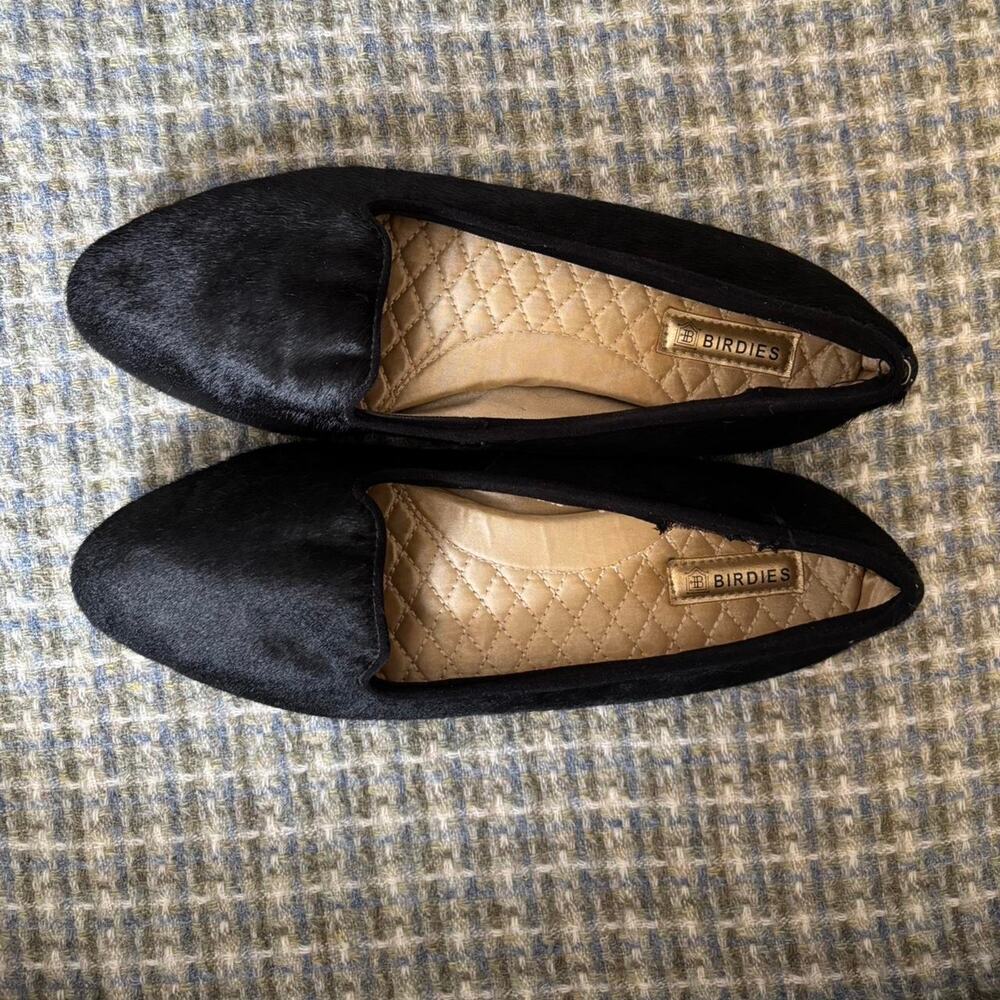 Birdies Black Slip On Loafers Calf Hair Women's Black Flats Classic Elegant